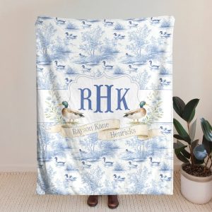 Mallard Duck Monogram Toile De Jouy Gift For Kid - Personalized Blanket Big Size